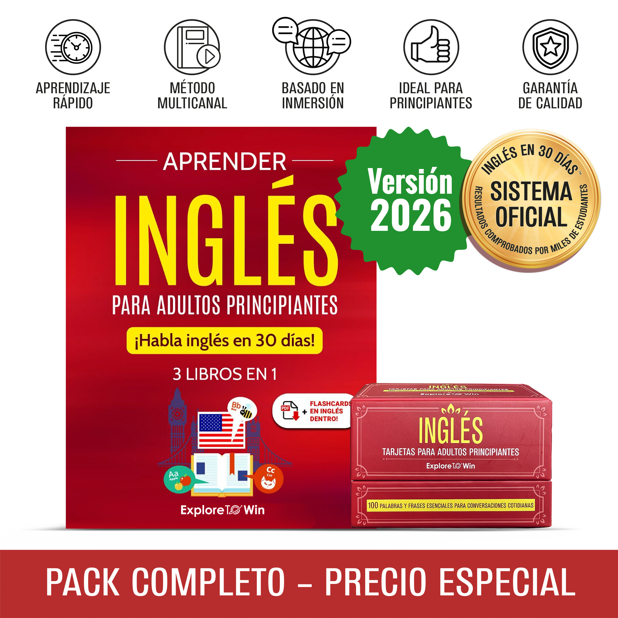 Aprender inglés para adultos principiantes: 3 libros en 1 + 100 Flashcards : ¡Habla inglés en 30 días! (Versión oficial 2026)