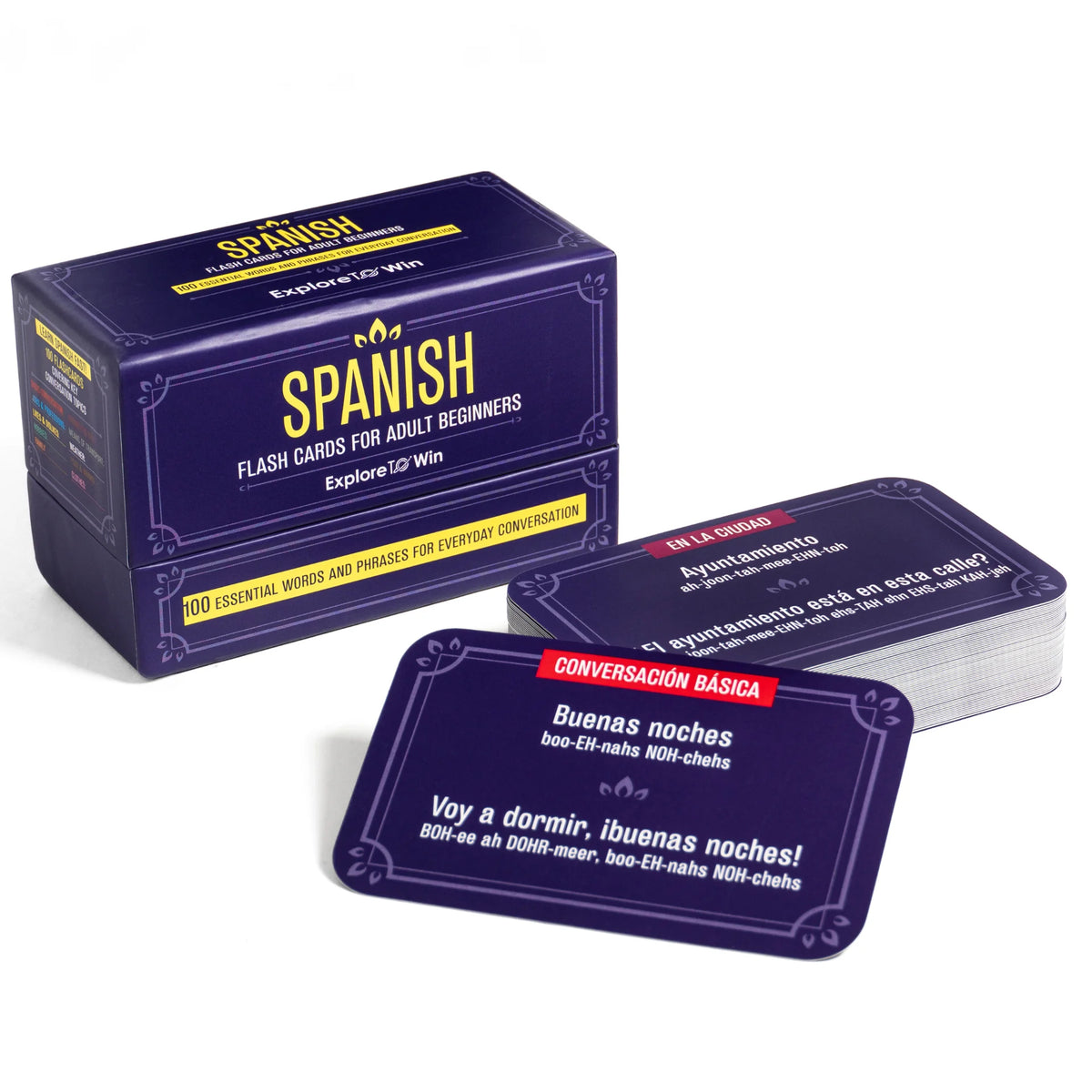 Spanish flashcard box with sample cards showing everyday phrases