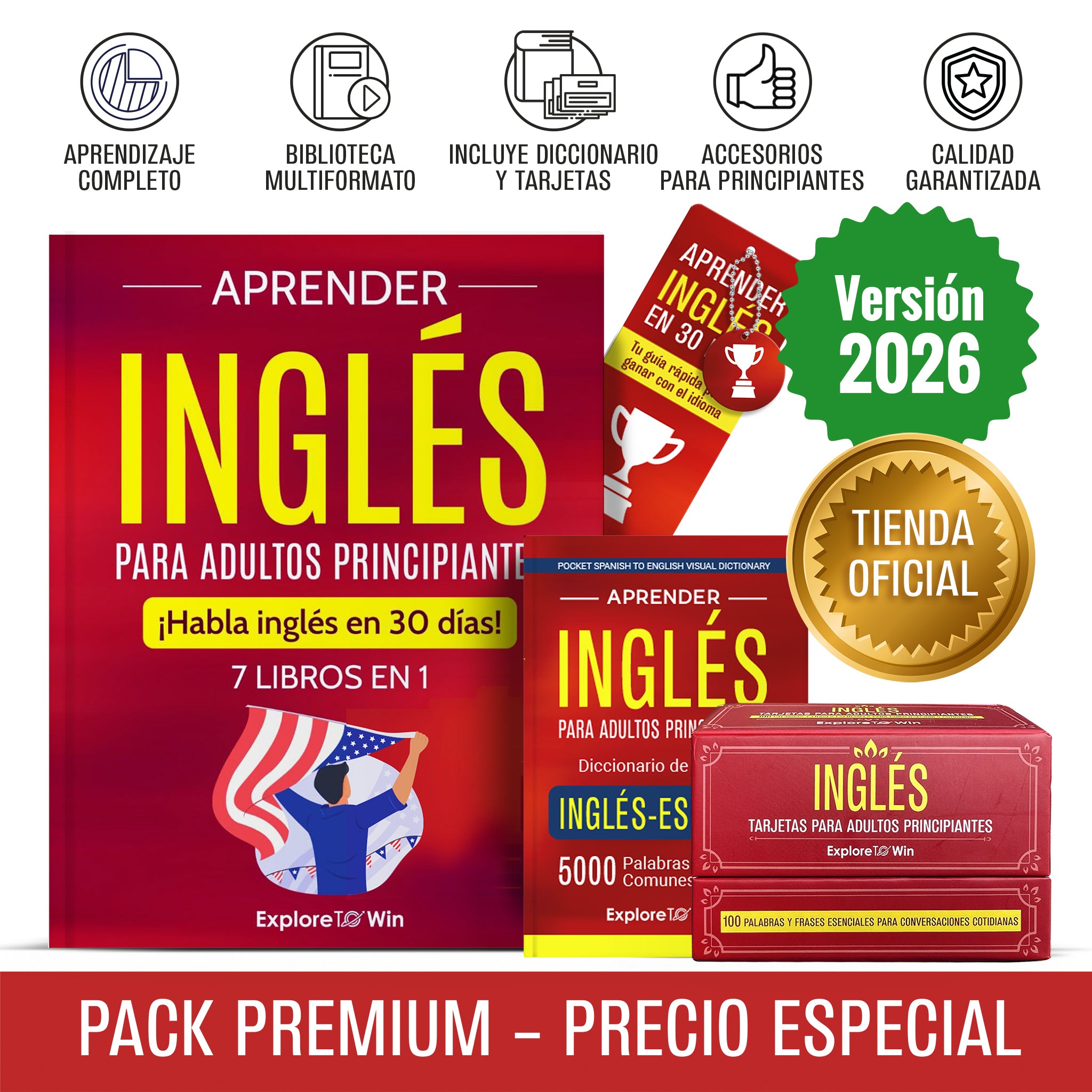 Aprender inglés para adultos principiantes: 7 libros en 1 + 100 Flashcards + Diccionario + Bookmark: ¡Habla inglés en 30 días!