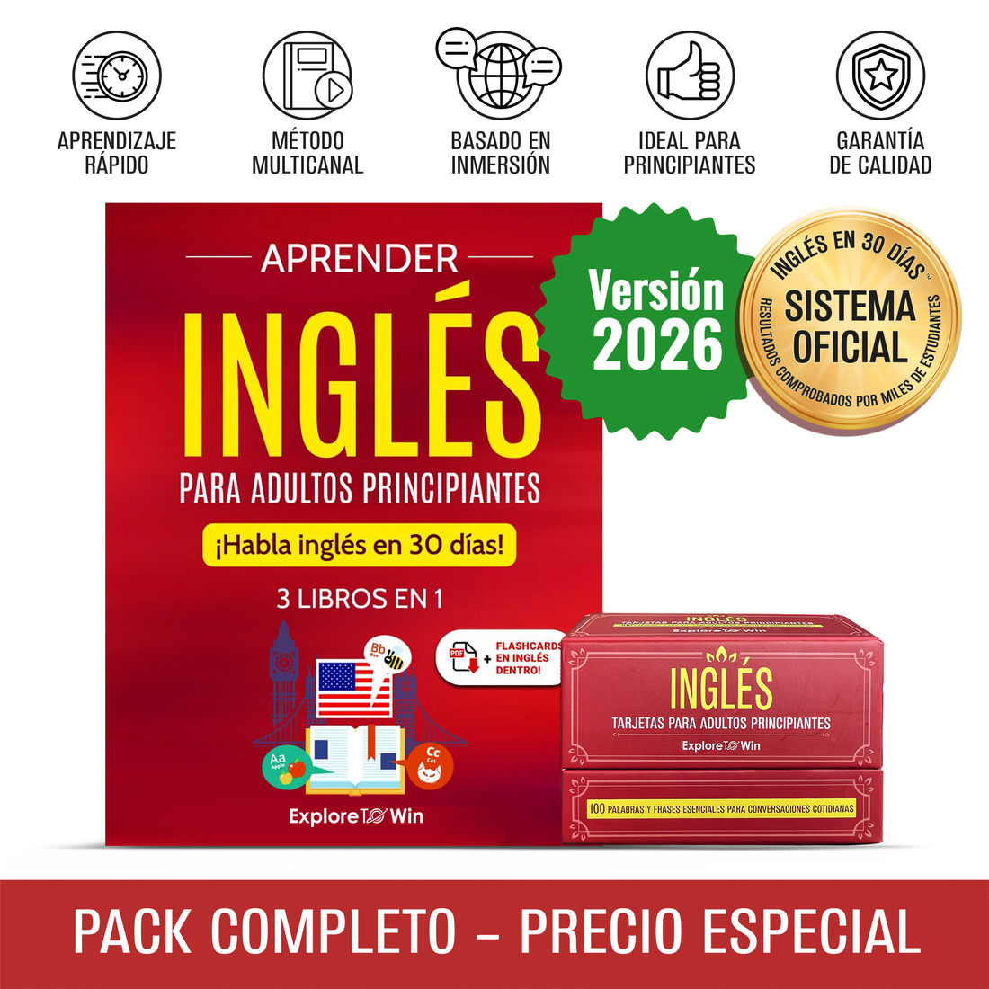 Aprender inglés para adultos principiantes: 3 libros en 1 + 100 Flashcards : ¡Habla inglés en 30 días! (Versión oficial 2026)