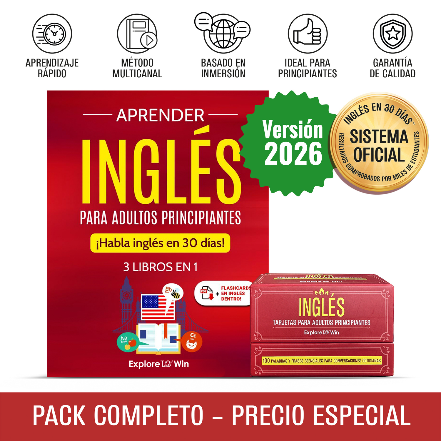 Aprender inglés para adultos principiantes: 3 libros en 1 + 100 Flashcards : ¡Habla inglés en 30 días! (Versión oficial 2026)