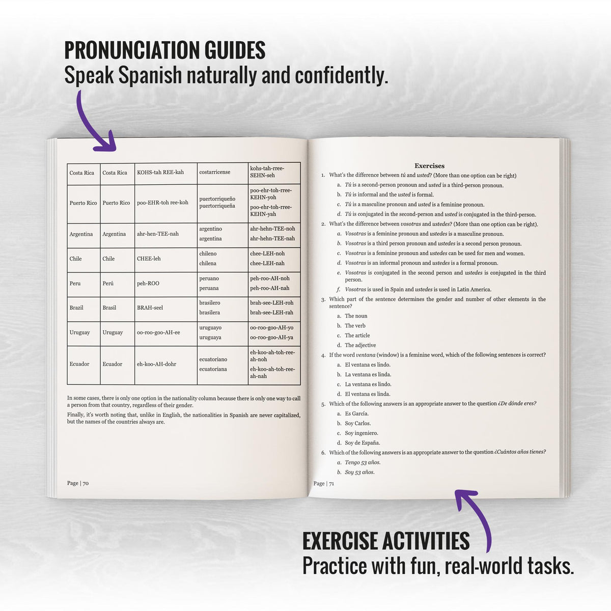 Inside pages with pronunciation guides and exercise activities 
