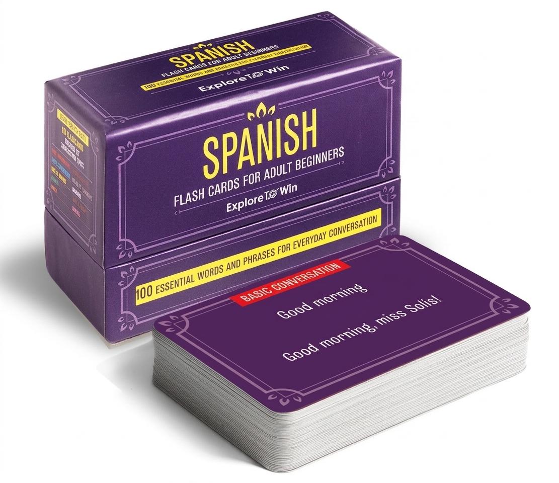 Spanish flash cards for adult beginners, box and cards 