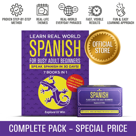 Learn Real-World Spanish for Adult Beginners: 7 Books in 1 + 100 Flashcards: Speak Spanish In 30 Days!