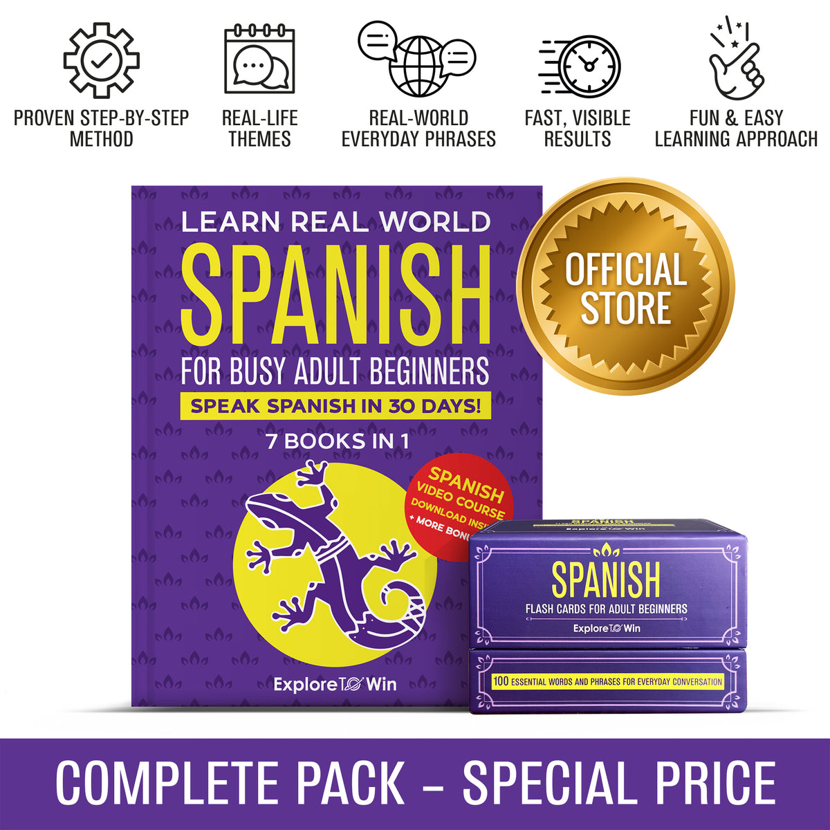 Real-World Spanish complete bundle laid out — book and flashcard set 