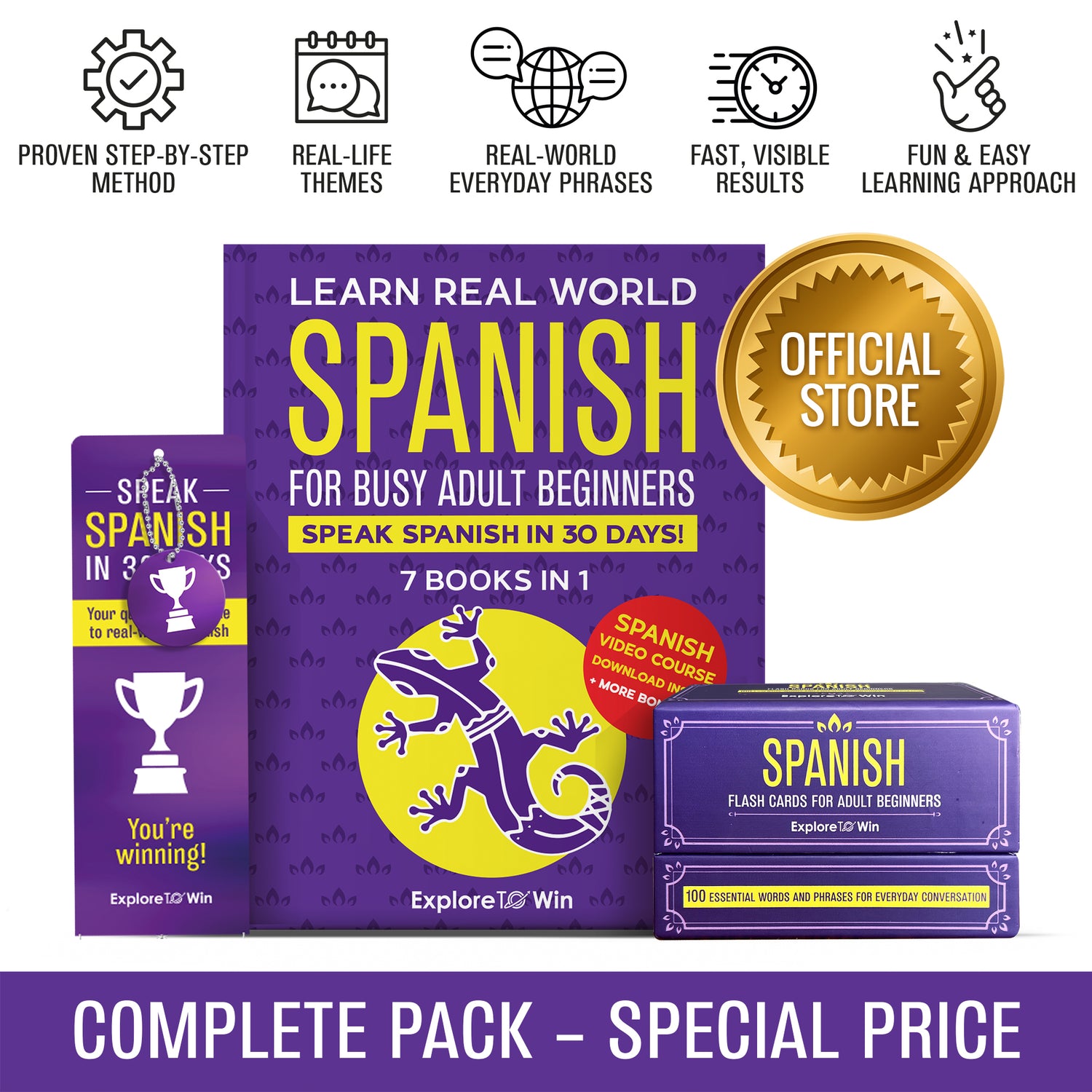 Learn Real-World Spanish for Adult Beginners: 7 Books in 1 + 100 Flashcards + Bookmark: Speak Spanish In 30 Days!