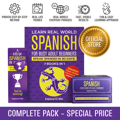 Learn Real-World Spanish for Adult Beginners: 7 Books in 1 + 100 Flashcards + Bookmark: Speak Spanish In 30 Days!