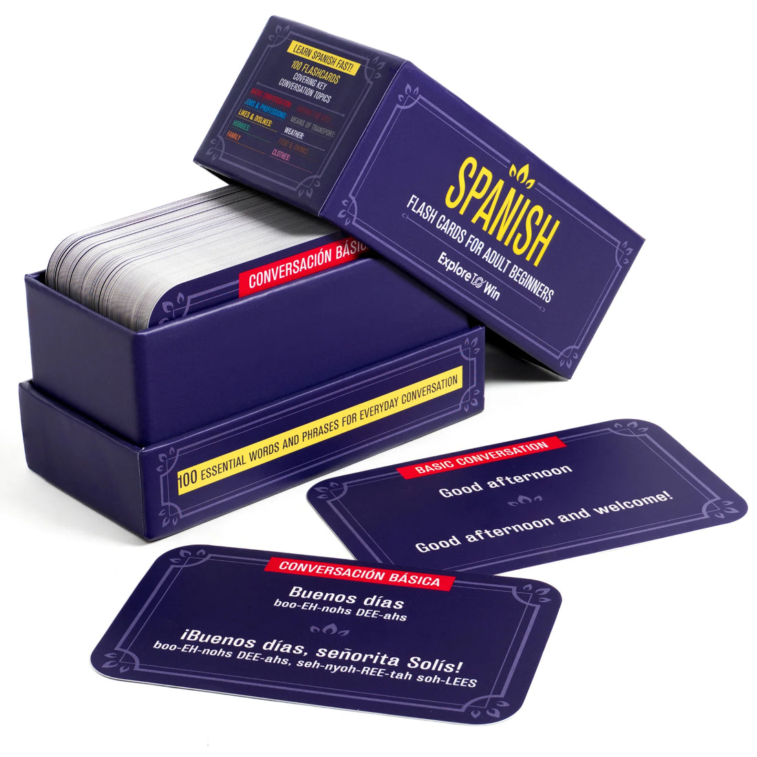 Spanish flashcard box open with the cards fanned out 