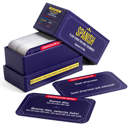 Spanish flashcard box open with the cards fanned out 