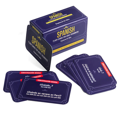 Spanish flashcard box with a stack of cards beside it 