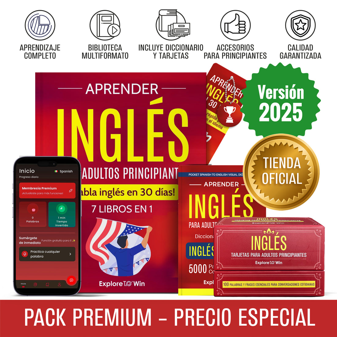 Aprender inglés para adultos principiantes 100 Flashcards Físicas + Audios + eBook | Habla Inglés Rápido en 30 Días 