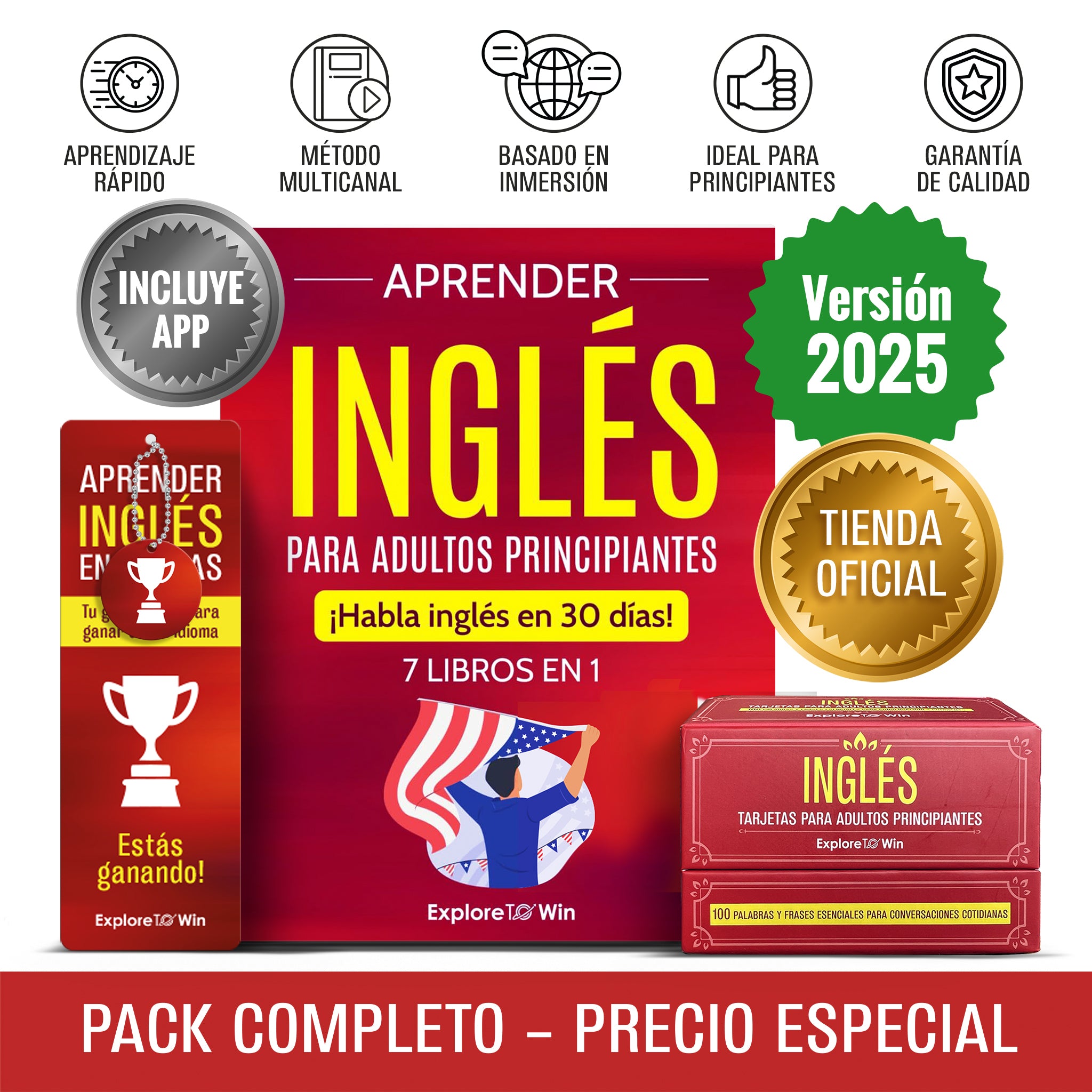 Aprender inglés para adultos principiantes: 7 libros en 1 + 100 Flashcards + Bookmark: ¡Habla inglés en 30 días! (Versión oficial 2025)